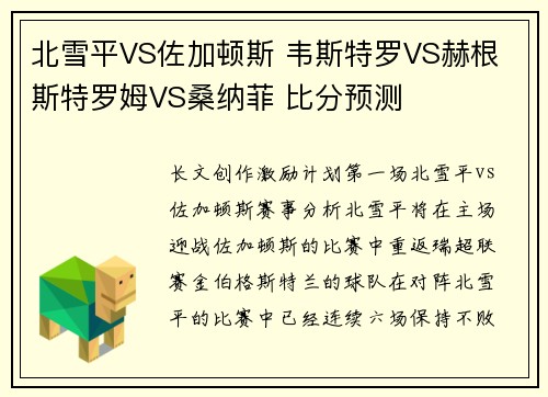北雪平VS佐加顿斯 韦斯特罗VS赫根 斯特罗姆VS桑纳菲 比分预测