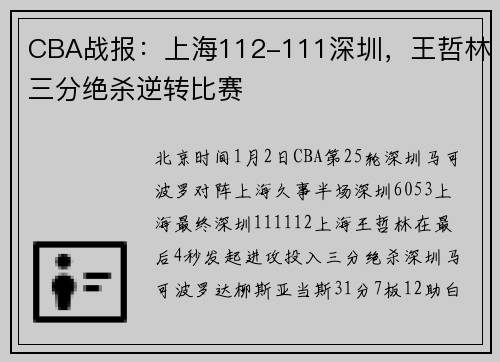 CBA战报：上海112-111深圳，王哲林三分绝杀逆转比赛