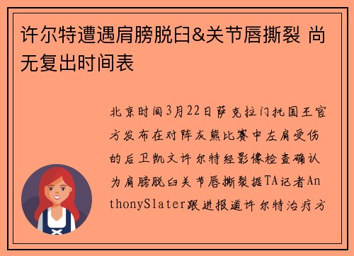 许尔特遭遇肩膀脱臼&关节唇撕裂 尚无复出时间表